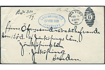 Ufrankeret brev fra New York d. 15.2.1905 til Jönköping, Sverige. Ovalt ank.stempel Landskansliet Jönköping d. 27.2.1905. Ikke udtakseret i porto.
