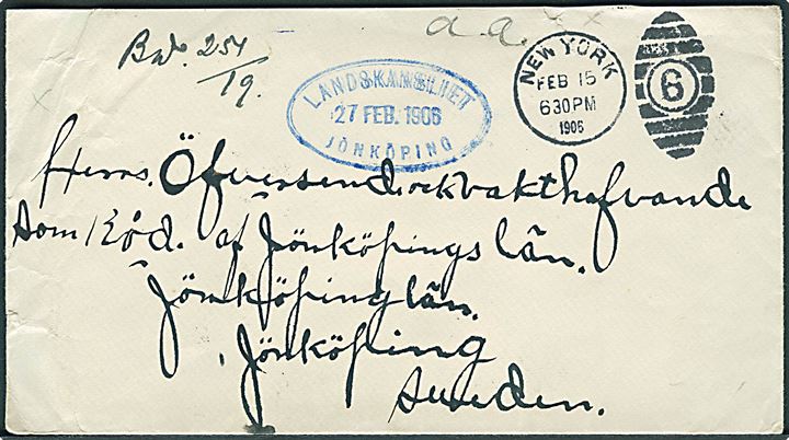Ufrankeret brev fra New York d. 15.2.1905 til Jönköping, Sverige. Ovalt ank.stempel Landskansliet Jönköping d. 27.2.1905. Ikke udtakseret i porto.
