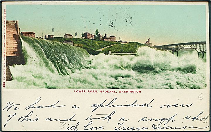 Ufrankeret brevkort (Lower Falls, Spokane, Wash.) stemplet Spokane d. 20.6.1905 til Butte, Mont. Stemplet Held for Postage og This is the letter for which you sent postage, samt opfrankeret med 1 cent Franklin stemplet Spokane d. 25.6.1905.