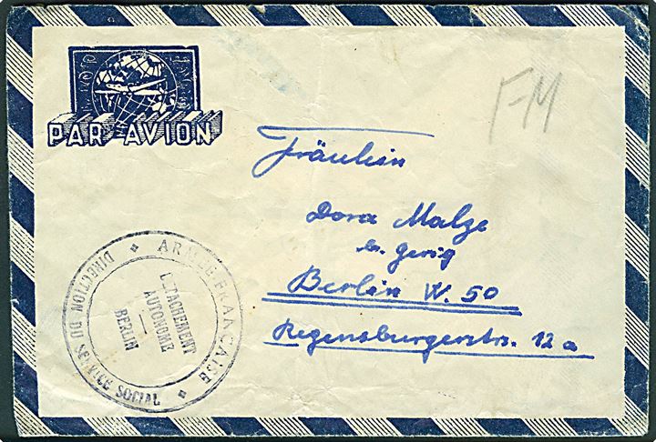 Ufrankeret fransk feltpostbrev sendt lokalt i Berlin (ca. 1946-48) med stempel: Armee Francaise / Detachement Autonome Berlin / * Direction du Service Social *.