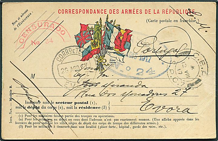 Fransk feltpost formular-kort anvendt af de portugisiske styrker på vestfronten med feltpost stempel C.E.P. S.P.C.7 d. 12.8.1917 til Evora, Portugal. Rød unit censur: Censurado No. 34 og blå civil censur no. 24.