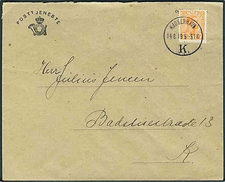 7 øre Chr. X på fortrykt kuvert fra Kjøbenhavns Brevpostkontor sendt lokalt i Kjøbenhavn d. 14.8.1919. Interessant frankeret postsag.