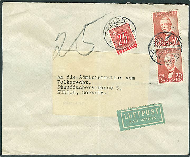 20 øre I. C. Jacobsen i parstykke på luftpostbrev fra København d. 3.2.1948 til London, England - eftersendt til Zürich, Schweiz og udtakseret i 25 c. porto.