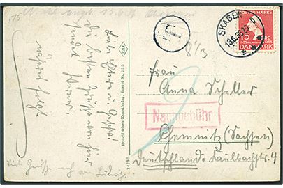 15 øre H.C.Andersen på underfrankeret brevkort annulleret med brotype IIIc Skagen d. 13.6.1936 til Chemnitz, Tyskland. Udtakseret i 9 pfg. tysk porto.