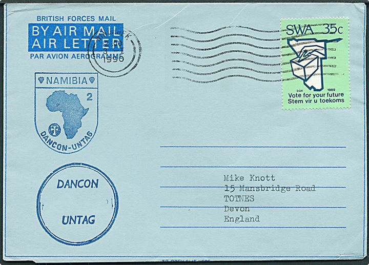 SWA 35 c. på British Forces Mail air letter stemplet Windhoek d. 3.1.1990 og sidestemplet DANCON UNTAG (=United Nations Transition Assistance Group) til Totnes, England.