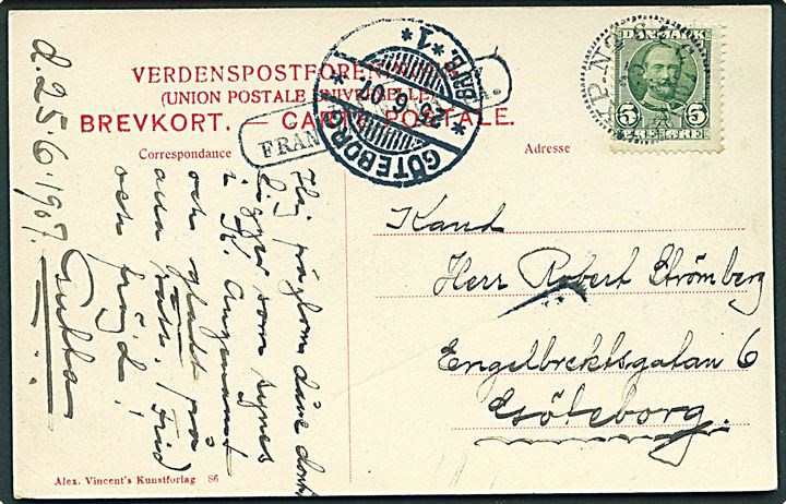 5 øre Fr. VIII på brevkort fra Kjøbenhavn annulleret med svensk bureaustempel PKXP. No. 64C (= Helsingør-Helsingborg-Göteborg) d. 25.6.1907 og sidestemplet Från Danmark til Göteborg, Sverige.
