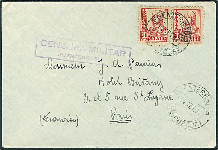 30 cts Isabel i parstykke på brev fra Fuenterrabia d. 12.9.1937 til Paris, Frankrig. Lokal spansk censur fra Fuenterrabia.