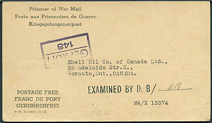 Ufrankeret fortrykt krigsfange-brevkort med kvittering for modtaget pakke d. 6.8.1944 sendt fra canadisk flight sgt. i Stalag IVB (= Mühlberg) til Toronto, Canada. Tysk lejrcensur no. 148 og canadisk censur.