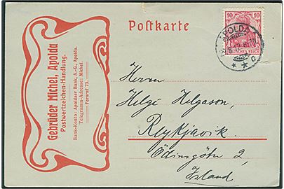 10 pfg. Germania på brevkort fra Apolda d. 29.8.1912 til Reykjavik, Island.