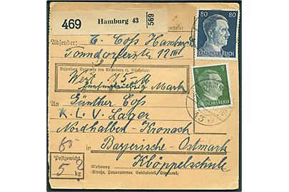 5 pfg. og 80 pfg. Hitler på adressekort for værdipakke fra Hamburg d. 30.3.1942 til K.L.V. (= Kinderlandverschickung / Børne-evakueringslejr) Lager Nordhalber-Kronach, Bayerische-Ostmark. 
