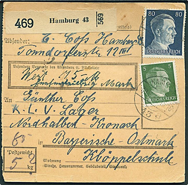 5 pfg. og 80 pfg. Hitler på adressekort for værdipakke fra Hamburg d. 30.3.1942 til K.L.V. (= Kinderlandverschickung / Børne-evakueringslejr) Lager Nordhalber-Kronach, Bayerische-Ostmark. 
