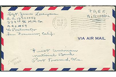 Ufrankeret Free Air Mail brev stemplet U.S. Army Postal Service A.P.O. d. 17.1.1952 til USA. Fra soldat ved 339th H/C M.M. Co. APO 59 (= Inchon, Korea).