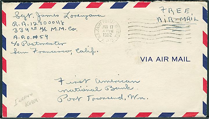 Ufrankeret Free Air Mail brev stemplet U.S. Army Postal Service A.P.O. d. 17.1.1952 til USA. Fra soldat ved 339th H/C M.M. Co. APO 59 (= Inchon, Korea).