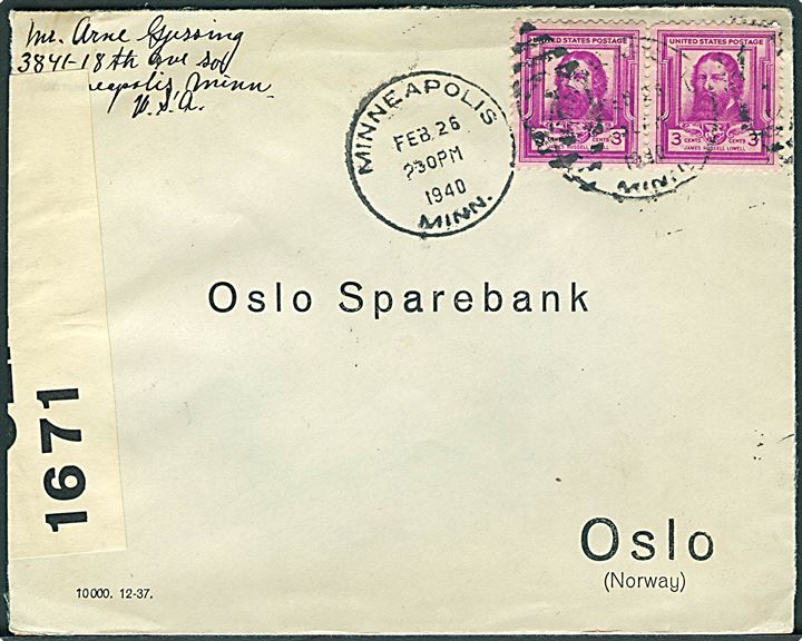 3 cents James Russell Lowell i parstykke på brev fra Minneapolis d. 26.2.1940 til Oslo, Norge. Åbnet af tidlig britisk censur PC66/1671.