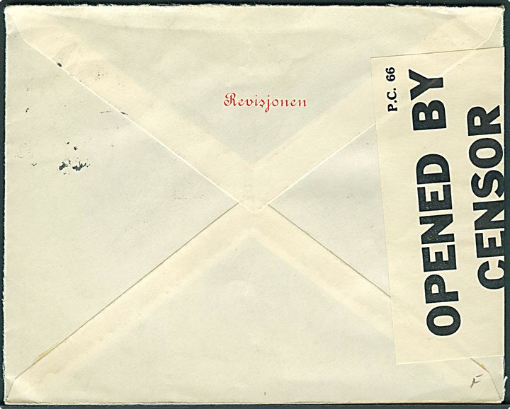 3 cents James Russell Lowell i parstykke på brev fra Minneapolis d. 26.2.1940 til Oslo, Norge. Åbnet af tidlig britisk censur PC66/1671.