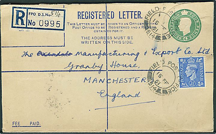 4d George VI anbefalet helsagskuvert opfrankeret med 2½d George VI stemplet Field Post Office 514 (= Athen, Grækenland) d. 15.2.1951 til Manchester, England. Fra British Military Mission (Greece). Åbnet på 3 sider.