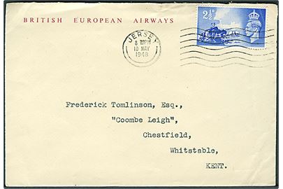 2½d Channel Island udg. på fortrykt kuvert fra British European Airways sendt som 1.-flyvning fra Jersey d. 10.5.1948 til Whitstable, England. 
