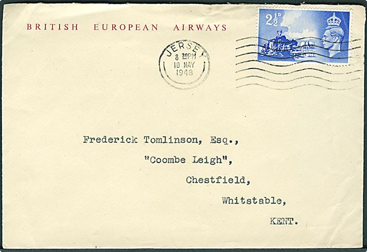 2½d Channel Island udg. på fortrykt kuvert fra British European Airways sendt som 1.-flyvning fra Jersey d. 10.5.1948 til Whitstable, England. 