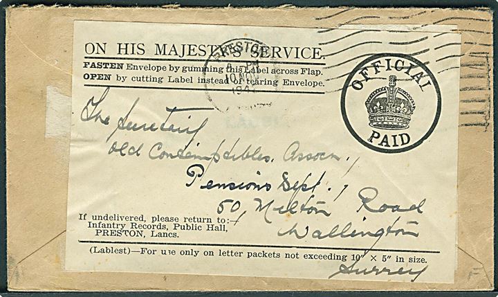Ufrankeret OHMS genbrugskuvert fra Preston d. 10.11.1942 til Wallington. På bagsiden Army Signals WCS d. 2.11.1942.