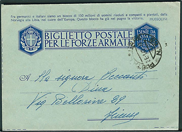 Ufrankeret feltpost korrespondancekort stemplet Posta Militare No. 68 (= Dibra, Jugoslavien) d. 28.1.1942 til Italien.