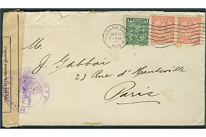1 c. og 2 c. (par) Landkort på brev fra Havana d. 15.9.1915 til Paris, Frankrig. Åbnet af fransk censur i Dieppe.