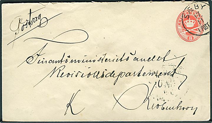 8 øre helsagskuvert påskrevet Postsag annulleret med lapidar Sæby d. 17.11.1886 til Kjøbenhavn. På bagsiden laksegl fra Sæby Postekspedition.