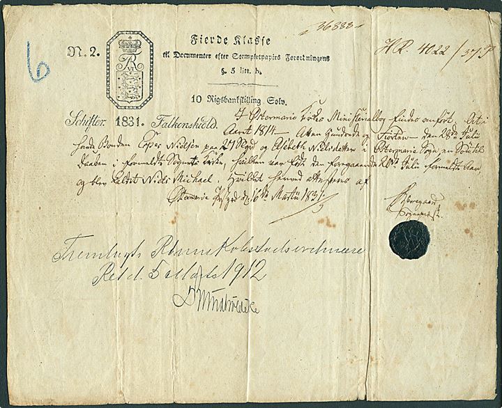 10 RBS stemplet papir med skrivelse fra Østermarie Præstegaard d. 16.3.1831. Underskrevet sognepræsten med lille sort laksegl.