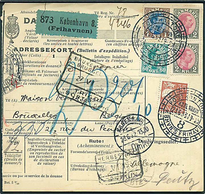 60 øre, 1 kr. og 2 kr. (par) Chr. X på 5,60 kr. frankeret internationalt adressekort for pakke annulleret med særstempel Postkontoret KBHVN'S FRIHAVN / København 8 d. 23.6.1932 til Bruxelles, Belgien. 