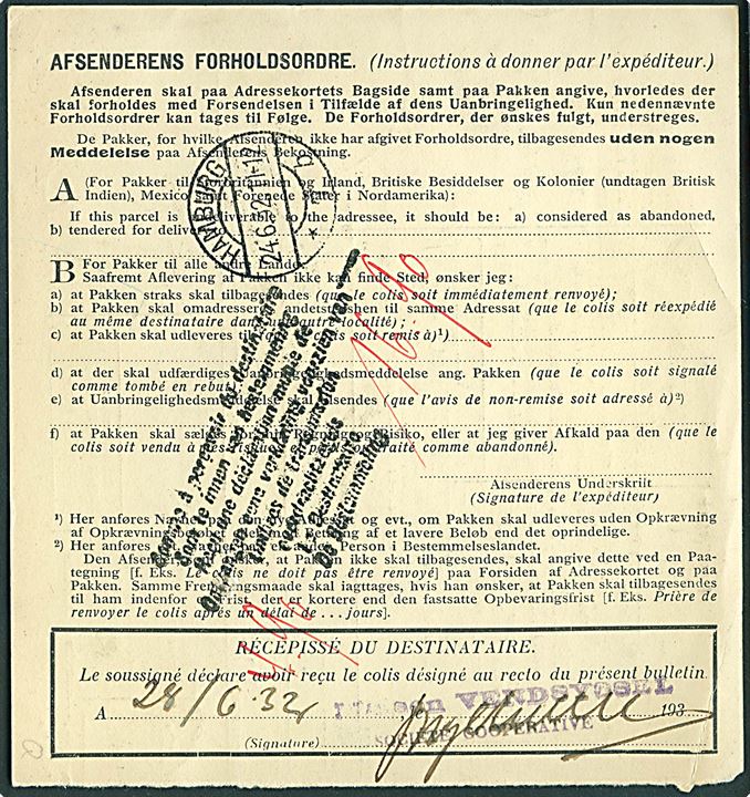 60 øre, 1 kr. og 2 kr. (par) Chr. X på 5,60 kr. frankeret internationalt adressekort for pakke annulleret med særstempel Postkontoret KBHVN'S FRIHAVN / København 8 d. 23.6.1932 til Bruxelles, Belgien. 