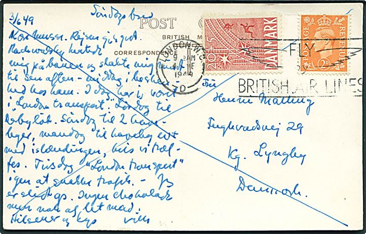 Britisk 2d George VI og dansk 20+5 øre Frihedsfonden på blandingsfrankeret søndagsbrevkort fra London d. 4.6.1949 til Lyngby, Danmark.