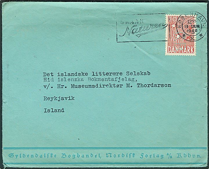 20+5 øre Frihedsfonden med perfin G.B. på firmakuvert fra Gyldendalske Boghandel i København d. 18.6.1948 til Reykjavik, Island. Sjældent med perfins på velgørenhedsmærker.