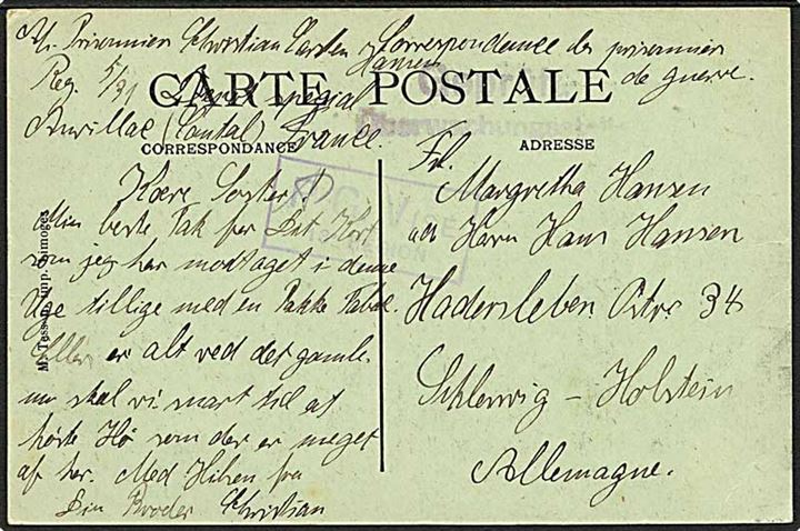 Ufrankeret krigsfange brevkort fra sønderjysk fange (Christian Carsten Hansen) i Aurillac lejren i Frankrig til Haderslev. Fransk og tysk censur.
