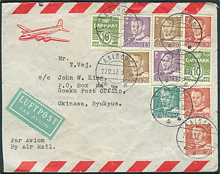 2,40 kr. blandingsfrankeret luftpostbrev fra Aalborg d. 27.12.1952 til Goeku, Okinawa, Ryukyus. Ank.stemplet d. 30.12.1952. Ryukyuøerne syd for Japan blev administreret af USA i tiden fra efter 2. verdenskrig indtil 1972. Meget usædvanlig destination.