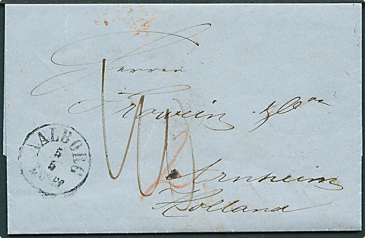 1863. Ufrankeret portobrev med antiqua Aalborg d. 5.5.1863 via K.D.O.P.A. Hamburg d. 7.5.1863 til Arnhem, Holland. Flere portopåtegninger.