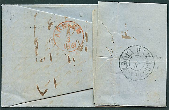 1861. Ufrankeret portobrev med antiqua Aalborg d. 3.3.1861 via K.D.O.P.A. Hamburg d. 5.3.1861 til Arnhem, Holland. Flere portopåtegninger.
