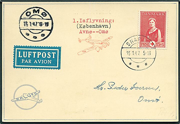 15+5 øre Røde Kors på is-luftpost brevkort fra Snapind d. 15.1.1947 til Omø. Befordret med Zonen fra Avnø til Omø og ank.stemplet Omø d. 16.1.1947.