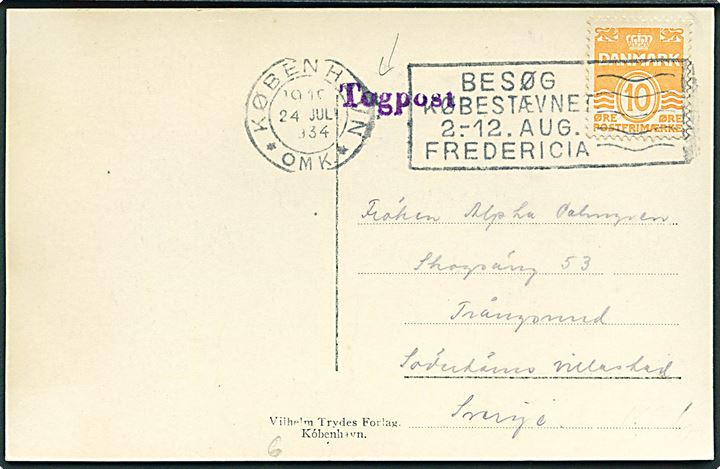 10 øre Bølgelinie på brevkort fra København d. 24.7.1934 og sidestemplet Togpost til Färjsund, Södertörns villastad, Sverige.