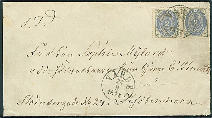2 sk. Tofarvet 8. tryk i parstykke på brev annulleret med antiqua Varde d. 26.9.1874 til Kjøbenhavn. Rund hj.tak.