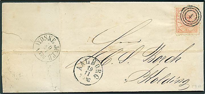 4 sk. Krone/Scepter på brev annulleret med nr.stempel 4 og sidestemplet antiqua Aalborg d. 19.11.1864 til Kolding. På bagsiden transit stempel fra Jydske JB.P.B. d. 20.11.1864.