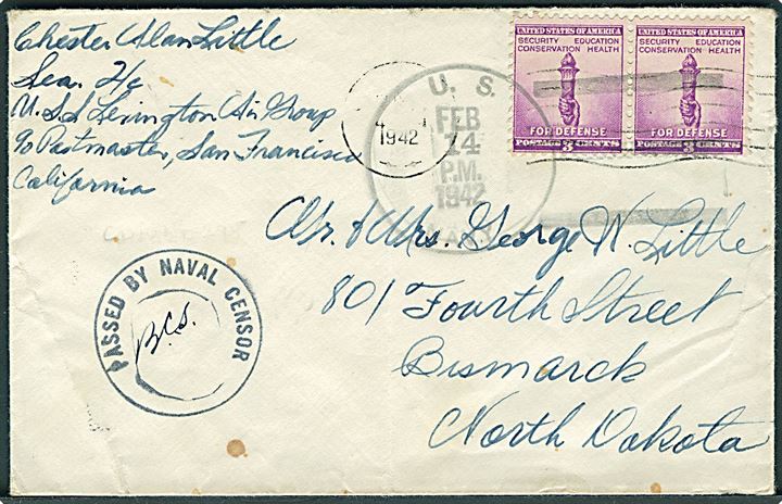 3 cents Defence i parstykke på brev stemplet U.S. Navy d. 14.2.1942 til Bismarck, USA. Sendt fra sømand ombord på hangarskibet USS Lexington (CV-2) som blev sænket under Battle of Coral Sea d. 8.5.1942. Sort flådecensur: Passed by Naval Censor.