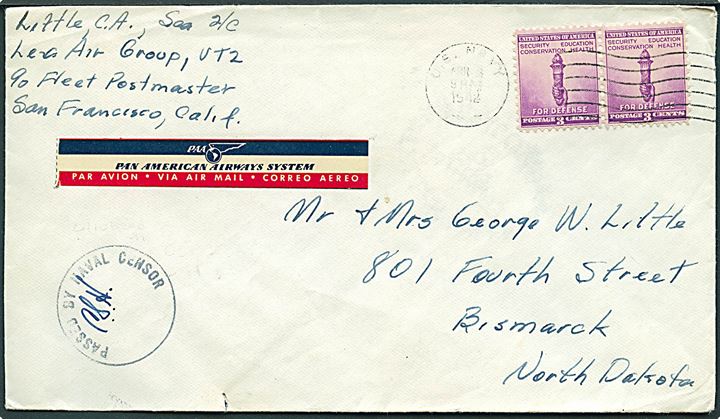 3 cents Defence i parstykke på brev stemplet U.S. Navy d. 8.4.1942 til Bismarck, USA. Sendt fra sømand ombord på hangarskibet USS Lexington (CV-2) som blev sænket under Battle of Coral Sea d. 8.5.1942. Sort flådecensur: Passed by Naval Censor.