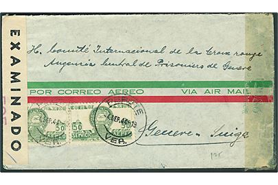 1,25 p. blandingsfrankeret luftpostbrev fra Perote d. 4.9.1944 til Røde Kors i Geneve, Schweiz. Sendt fra interneret civil tysker i Estacion Migratoria i Perote. Åbnet af lokal censur i Mexico og amerikansk censur.