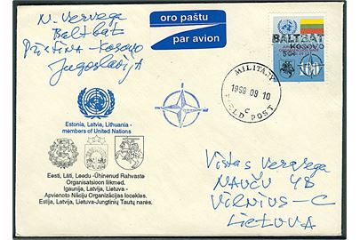 50 c./100 c. BALTBAT Kosovo provisorium på filatelistisk feltpostbrev fra Pristina stemplet Military Field Post d. 10.9.1999 til Vilnius, Litauen.