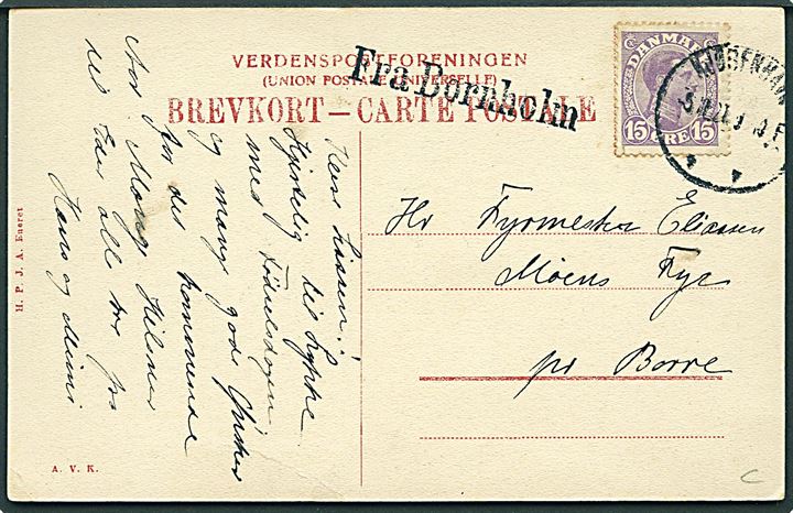 Havnen i Neksø, Bornholm. H. P. J. A u/no. Frankeret med 15 øre Chr. X annulleret Kjøbenhavn d. 5.11.1920 og sidestemplet Fra Bornholm til Møens Fyr pr. Borre.