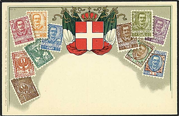Frimærkepostkort med mærker fra Italien. O. Zieher no. 9.