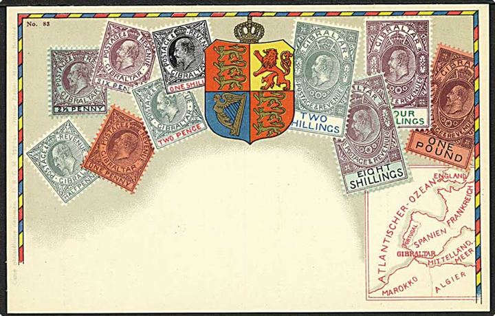 Frimærkepostkort med mærker fra Gibraltar. O. Zieher no. 83.