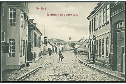 Søndergade set nordfra 1870, Kolding. Mølle ses i baggrunden. U/no. 