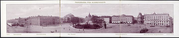 Panorama fra Kjøbenhavn med Bethelskibet, Charlottenborg, Kgl Theater, Hotel d'Angleterre & Store Nordiske Telegrafselskab. Sporvogne ses. Stenders u/no. Fold ud. 42, 7 x 9 cm. 