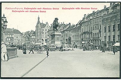 Højbroplads med Absalons Statue, København. Omnibus ses til højre. U/no. (Afrevet mærke). 