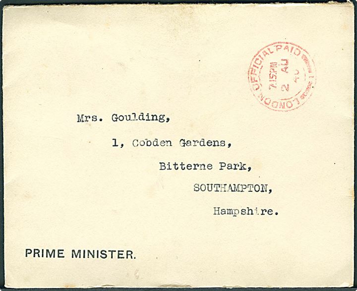 Ufrankeret fortrykt kuvert fra Prime Minister, 10 Downing Street, Whitehall stemplet London Official Paid d. 2.8.1940 til Southampton. Kuvert fra Winston Churchill, som var britisk permierminister fra 10.5.1940-27.7.1945.